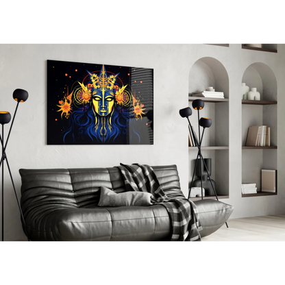 Celestial Blue Goddess glass wall art with gold accents over black leather couch