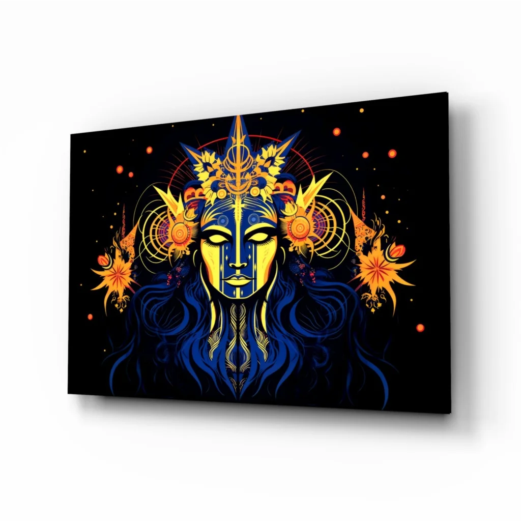 Celestial Blue Goddess wall art print with gold accents