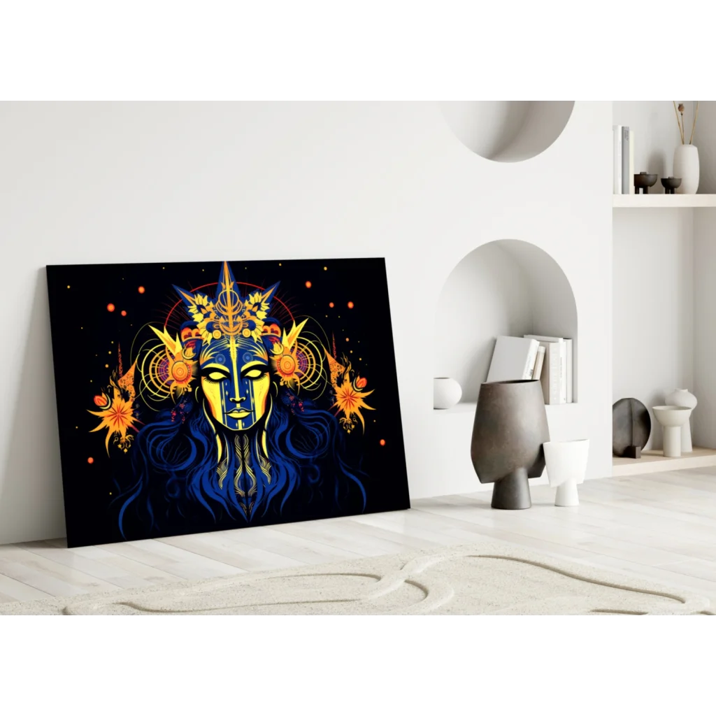 Celestial Blue Goddess wall art print with gold accents on black background