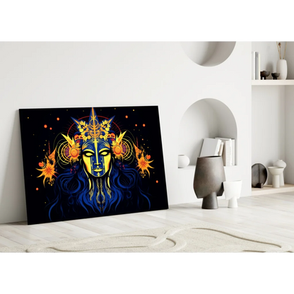 Celestial Blue Goddess wall art print with gold accents on black background