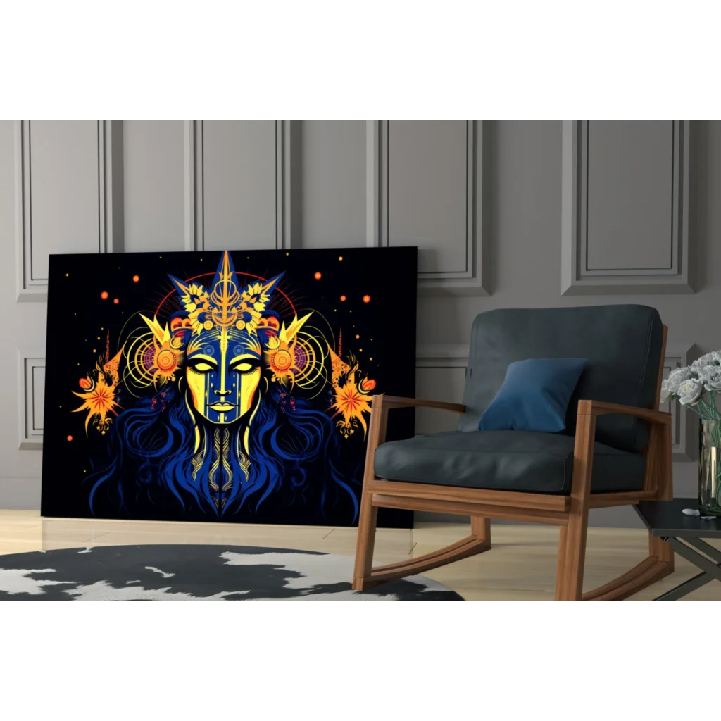 Celestial Blue Goddess wall art print with gold accents on canvas