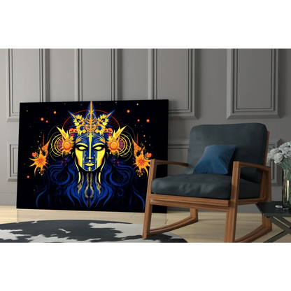 Celestial Blue Goddess wall art print with gold accents on canvas