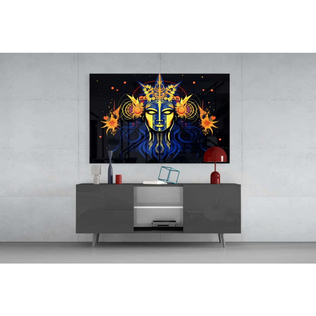 Vibrant Celestial Blue Goddess glass wall art with 4K UHD TV display