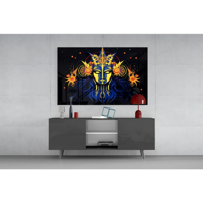 Vibrant Celestial Blue Goddess glass wall art with 4K UHD TV display