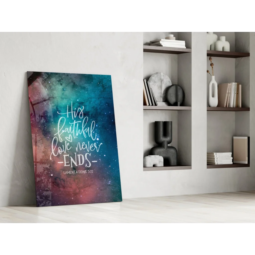 Colorful galaxy canvas wall art with His faithful love never ends quote