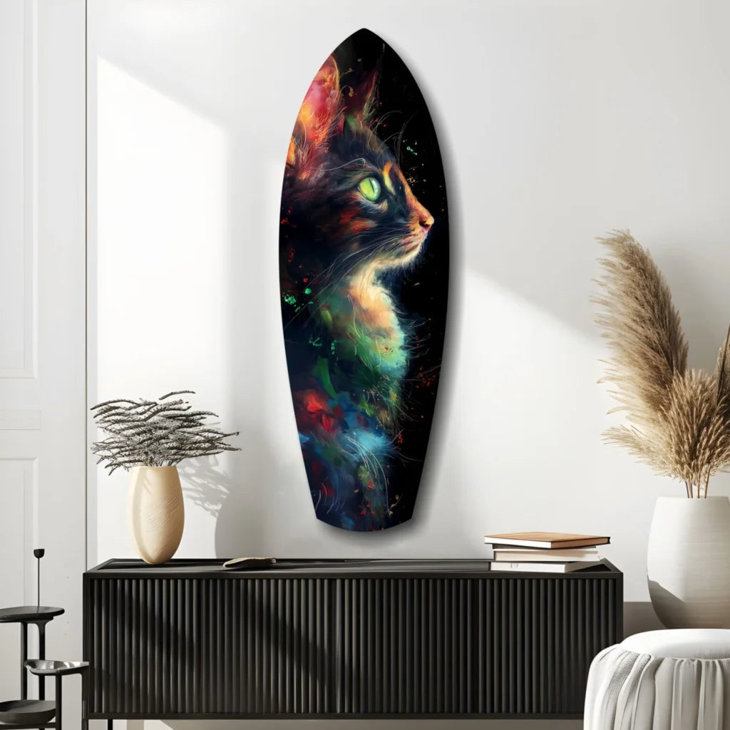 Celestial cat tempered glass art with glowing green eyes on surfboard canvas