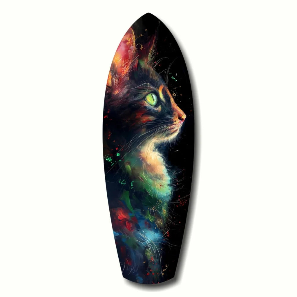 Sleek cosmic cat tempered glass art with glowing green eyes