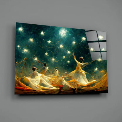 Celestial Dancers canvas wall art with glowing stars and vibrant fabrics