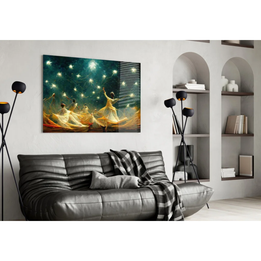 Celestial Dancers glass wall art with glowing stars and black leather sofa