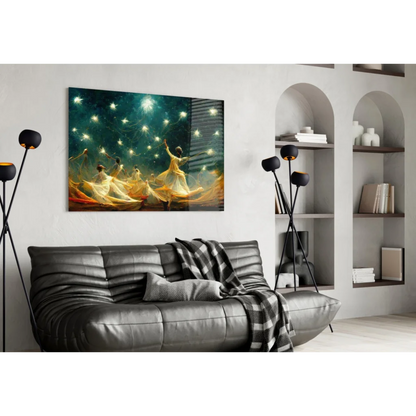 Celestial Dancers glass wall art with glowing stars and black leather sofa