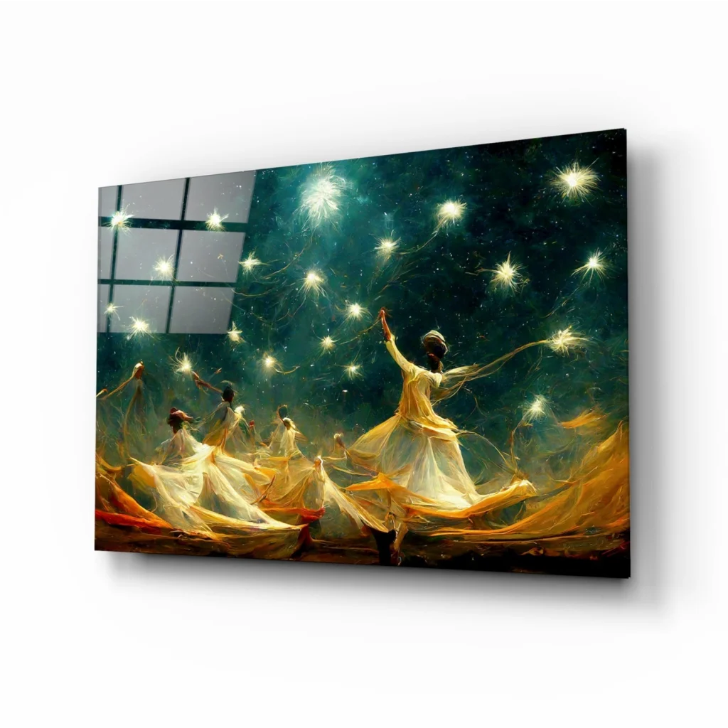 Celestial Dancers canvas wall art with glowing stars and vibrant dancing figures