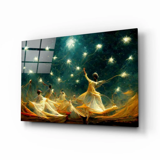 Celestial Dancers canvas wall art with glowing stars and vibrant dancing figures