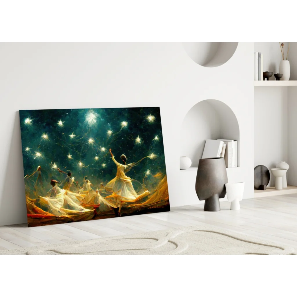 Celestial Dancers canvas wall art with glowing stars on teal background