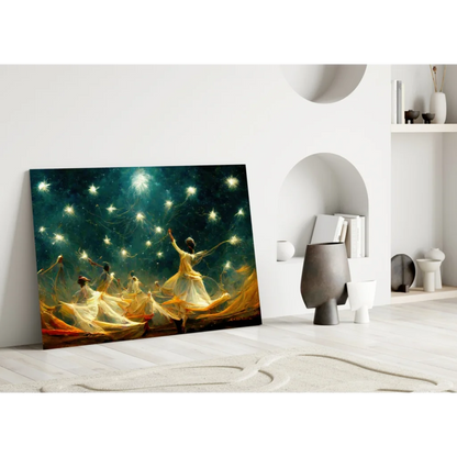 Celestial Dancers canvas wall art with glowing stars on teal background