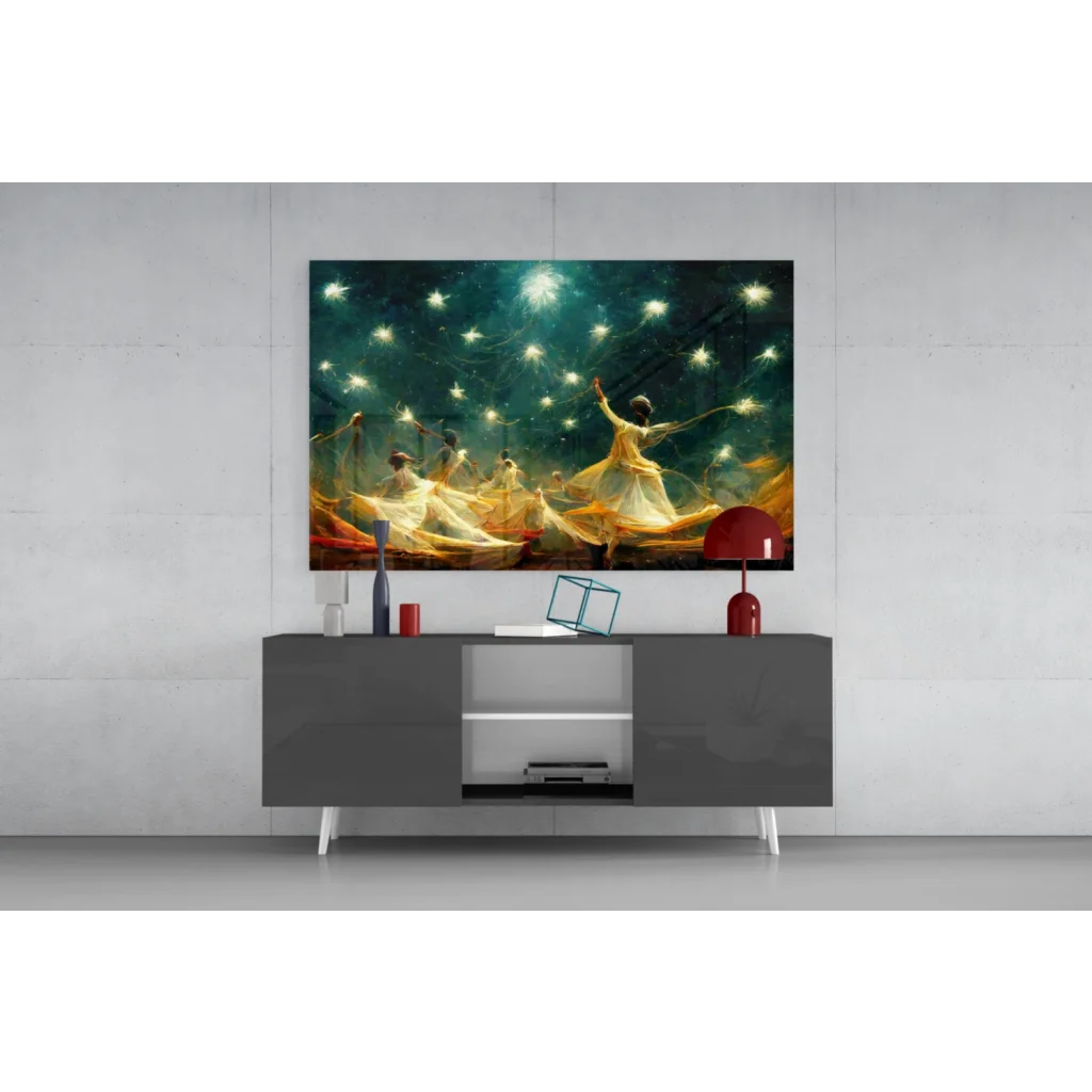 Samsung QLED curved TV in Celestial Dancers glass wall art