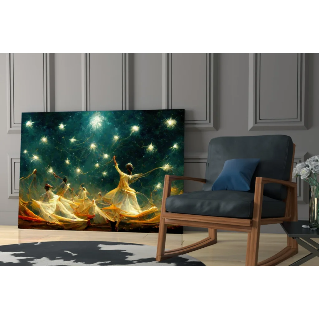 Gold and white starry night dance canvas wall art print