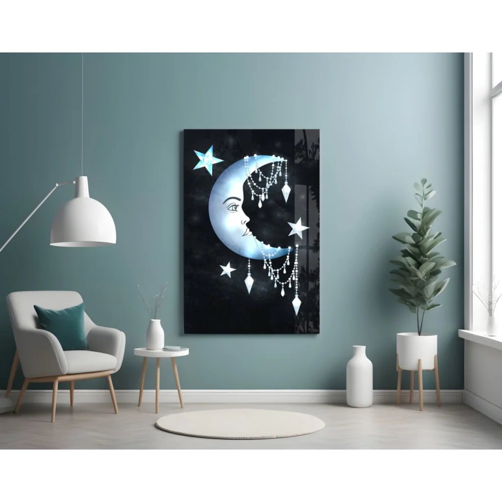 Celestial moon glass wall art with stars, crystals on black background