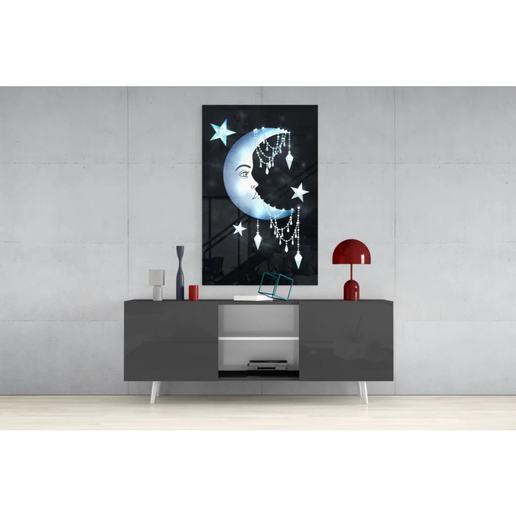 Modern gray lacquered sideboard with white legs and open compartments in Celestial Moon Dreamcatcher glass wall art
