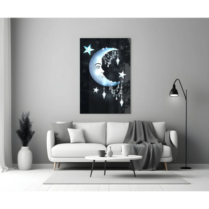 Black and white celestial moon dreamcatcher glass wall art with stars