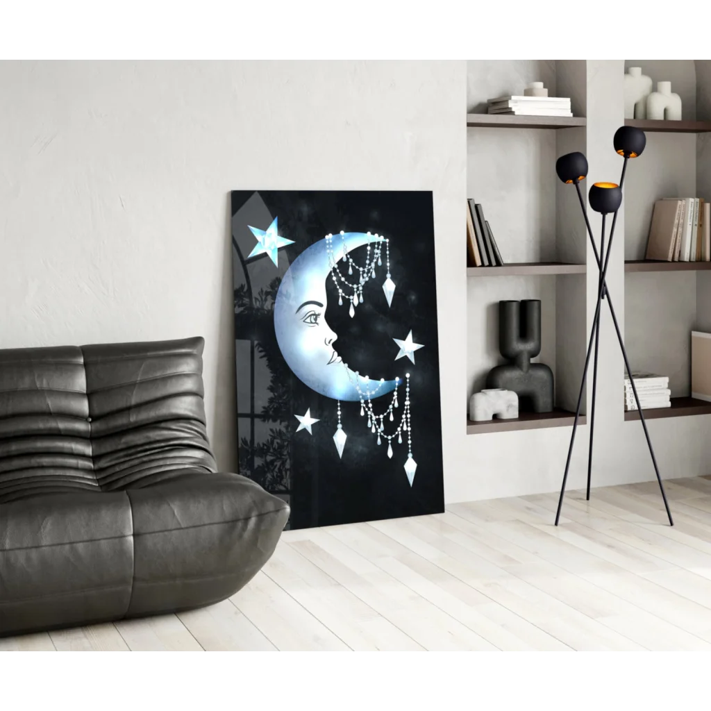 Celestial Moon Dreamcatcher glass wall art with stars and chandelier design