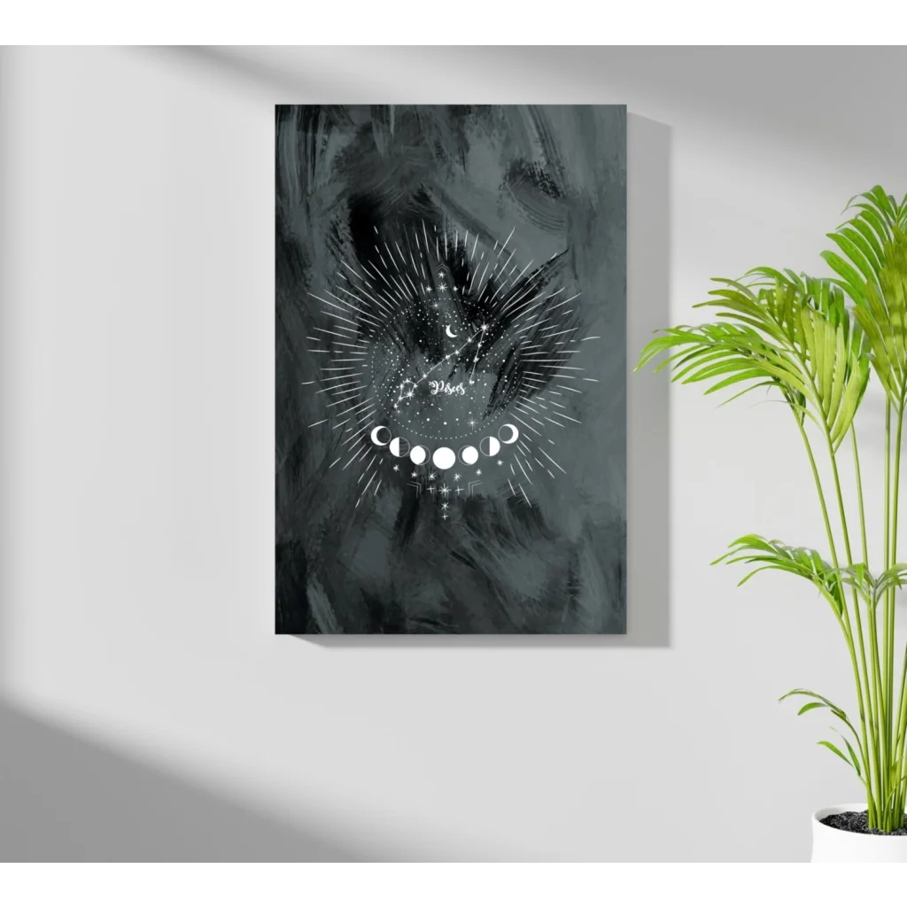 Black and white Celestial Moon Phases aluminum wall art with Venus script