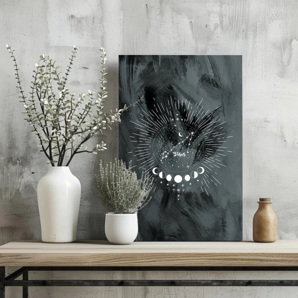 Dark gray abstract aluminum wall art with white moon phases and starbursts