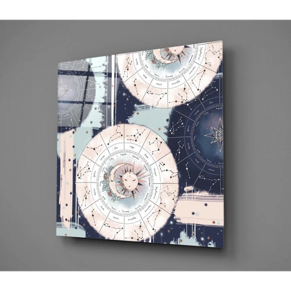 Celestial Zodiac tempered glass art with moon and stars in square frame