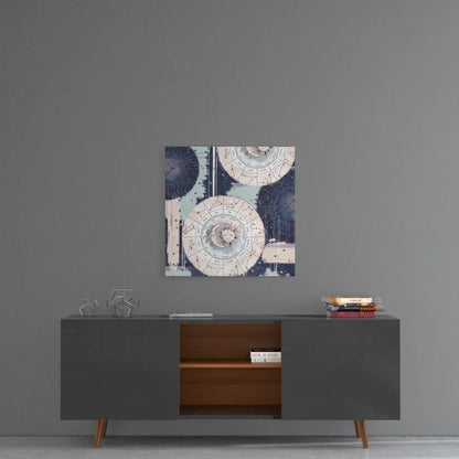 Celestial Zodiac tempered glass art with moon, stars, and abstract navy cream circles