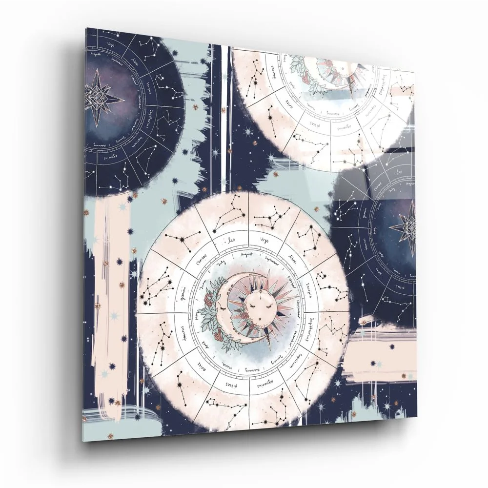 Celestial Zodiac tempered glass art with moon, stars, and size comparison