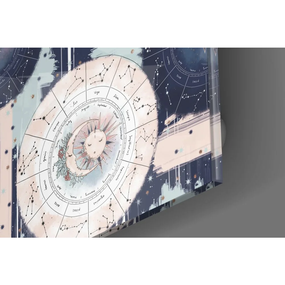 Celestial zodiac tempered glass art with moon, sun, and starry constellations