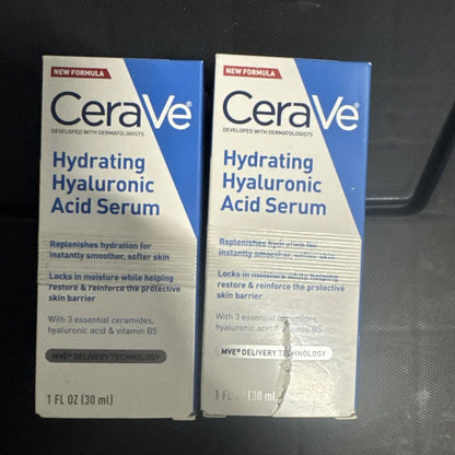 Two CeraVe hydrating hyaluronic acid face serum 1 oz boxes, 30 ml each