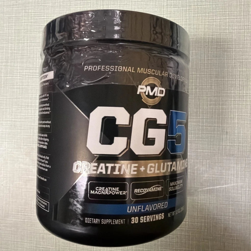 PMD CG5 creatine glutamine powder in black cylindrical container, unflavored 30 servings