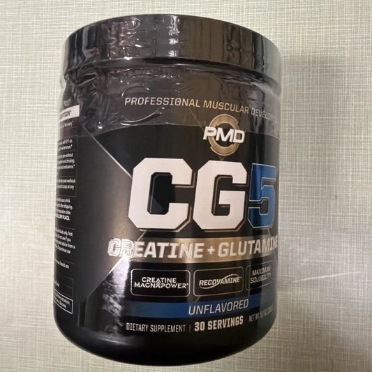 PMD CG5 creatine glutamine powder in black cylindrical container, unflavored 30 servings