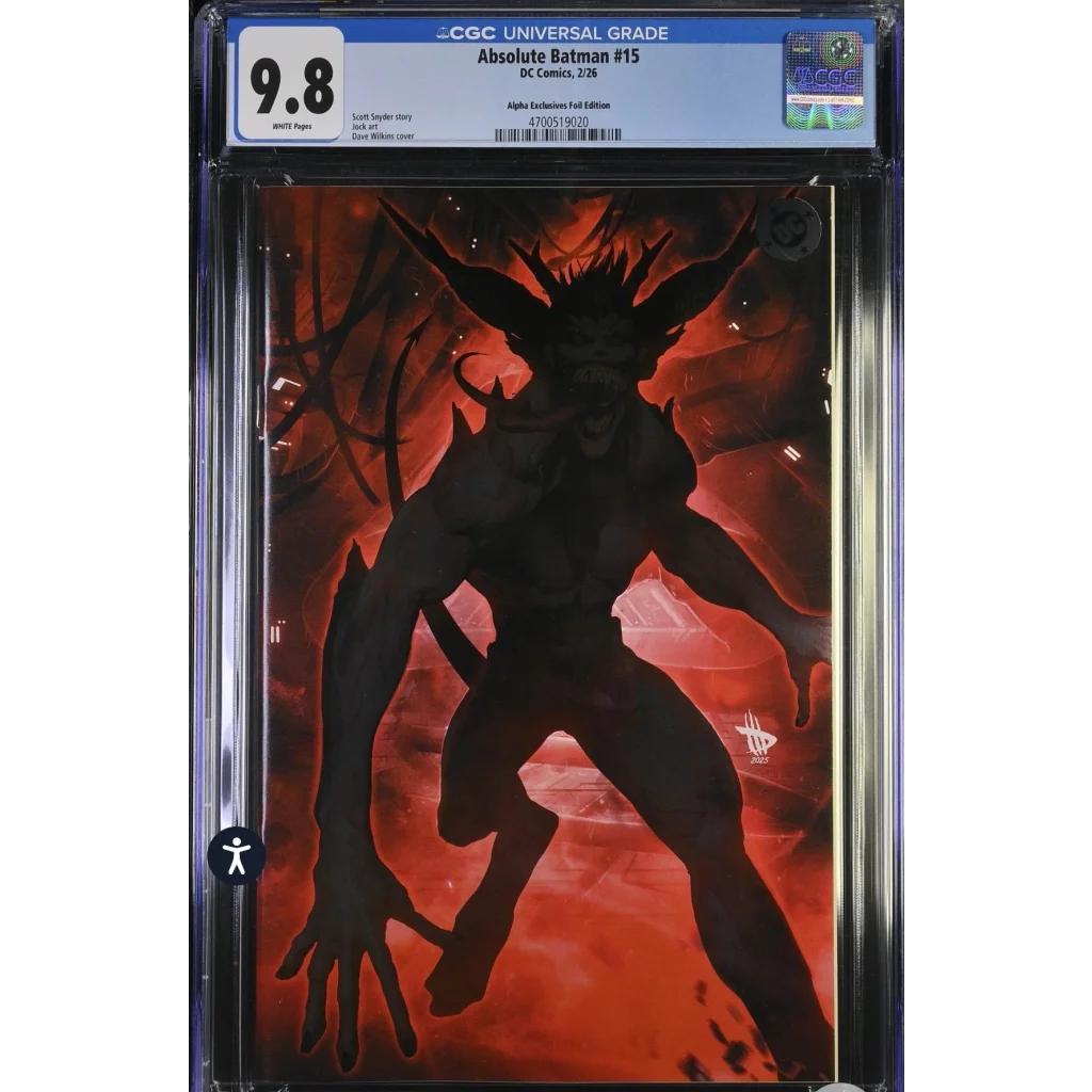 Black Batman silhouette on fiery background, CGC 9.8 Absolute Batman 15 Scott Snyder 1st Joker foil