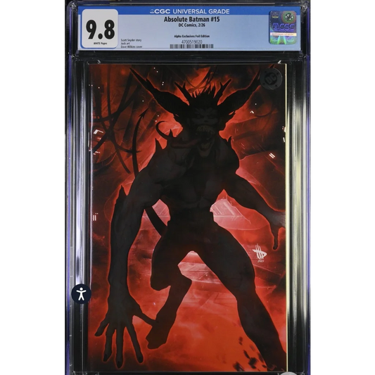 Black Batman silhouette on fiery background, CGC 9.8 Absolute Batman 15 Scott Snyder 1st Joker foil