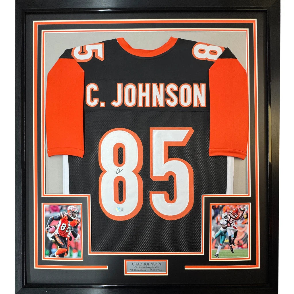 Framed Chad Johnson Bengals jersey with autographed signature and action photos ready to hang