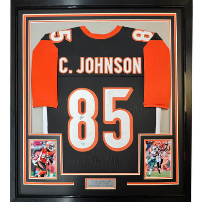 Framed Chad Johnson Bengals jersey with autographed signature and action photos ready to hang