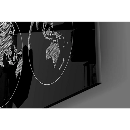 Black framed chalk style world map wall art with globe views