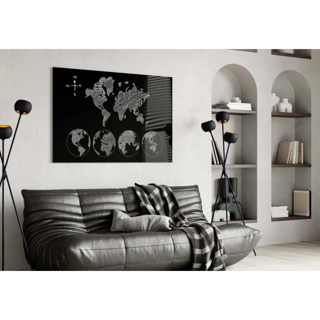 Black chalk style world map canvas wall art with globe views
