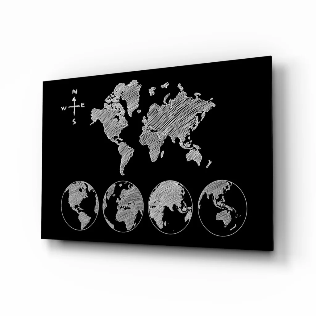 Chalk style world map black canvas wall art with globe views