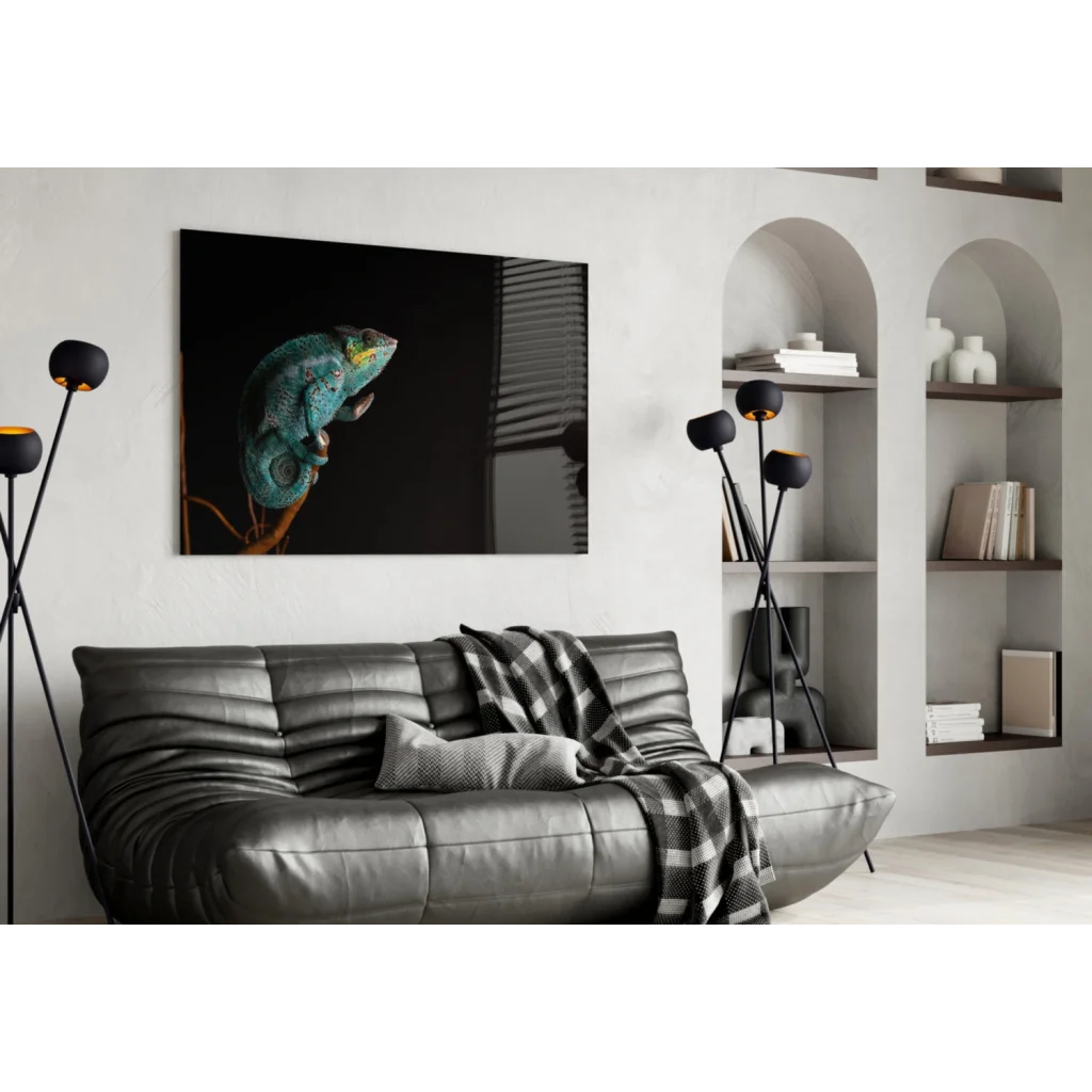Vibrant teal chameleon glass wall art on black canvas print