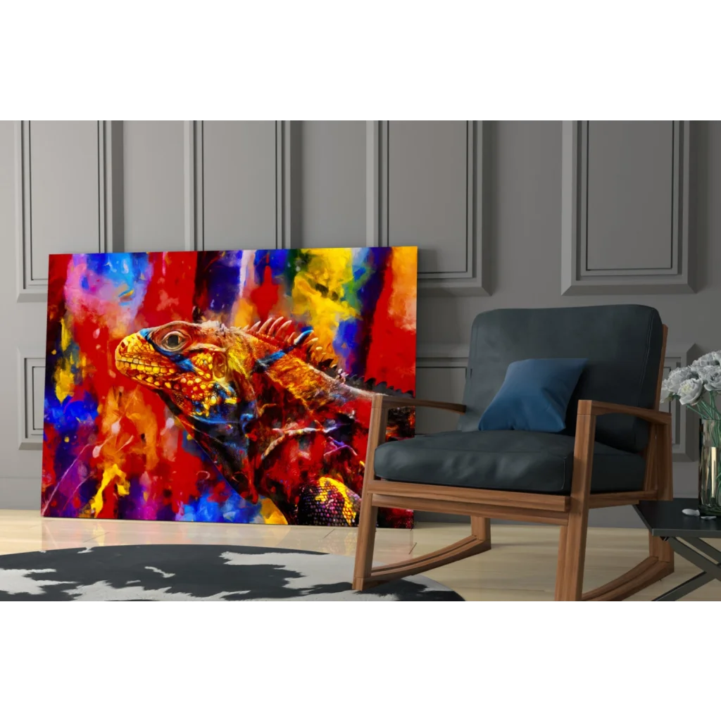 Fiery Iguana Explosion glass wall art with vibrant golden-orange iguana