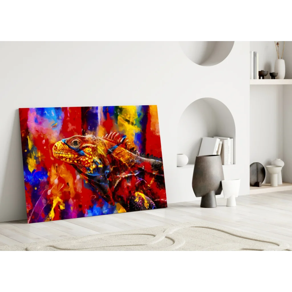 Vibrant iguana wall art canvas with fiery red orange blue paint splashes
