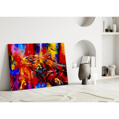 Vibrant iguana wall art canvas with fiery red orange blue paint splashes