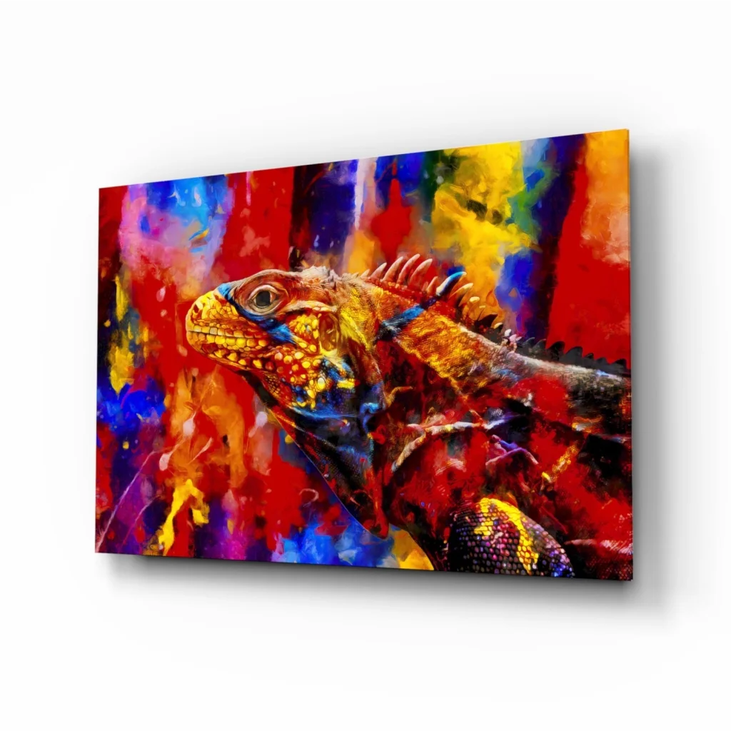 Vibrant iguana wall art canvas print with fiery golden blue scales on colorful background