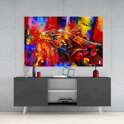 Vibrant fiery iguana explosion canvas wall art with bold red yellow blue splashes