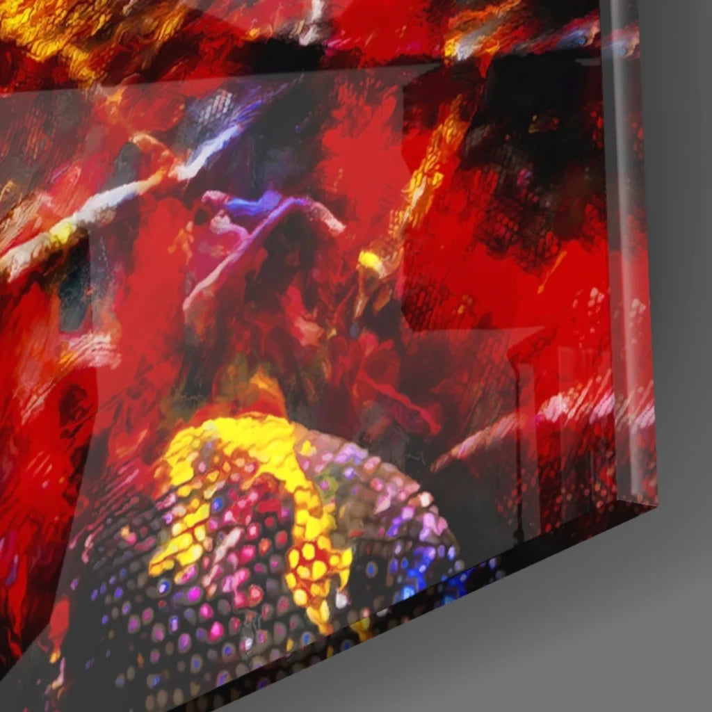 Vibrant fiery iguana explosion glass wall art in bold reds, yellows, purples