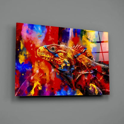 Vibrant iguana wall art canvas with fiery orange scales on dynamic background