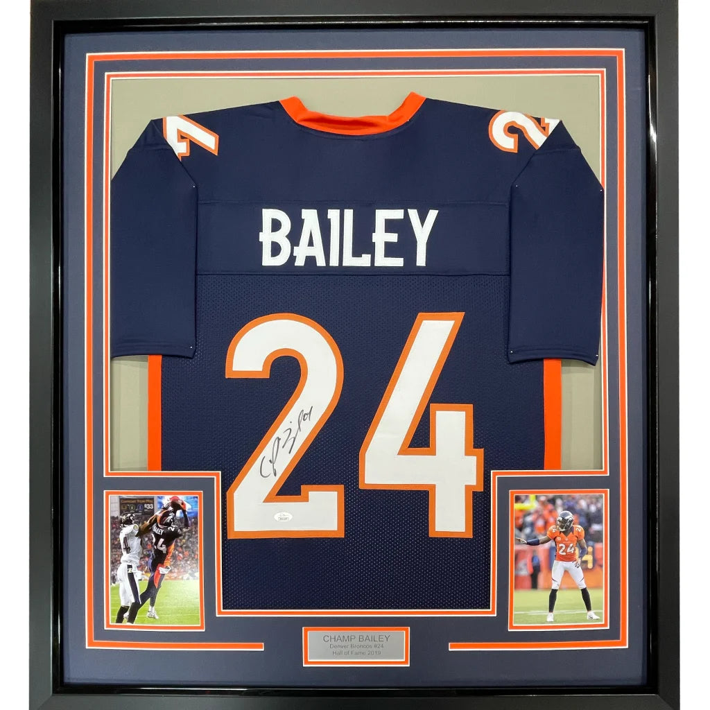 Framed signed Champ Bailey Broncos jersey with action photos and commemorative plaque