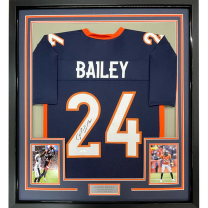 Framed signed Champ Bailey Broncos jersey with action photos and commemorative plaque